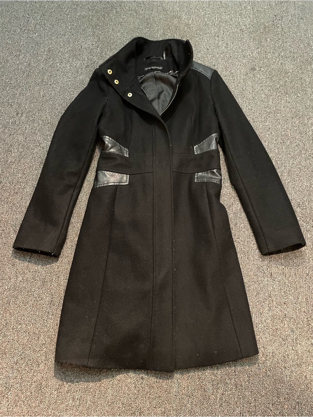 Via Spiga Black Wool Blend Coat with faux Leather Trim Accents size 4